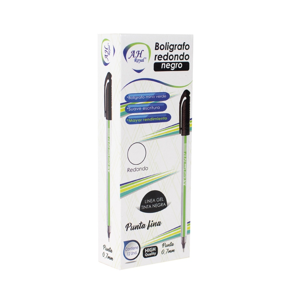 BOLIGRAFO AH ROYAL SEMI GEL 0.7 REDONDO NEGRO (DISPLEY X12 UND) CAJA X 144 DPS
